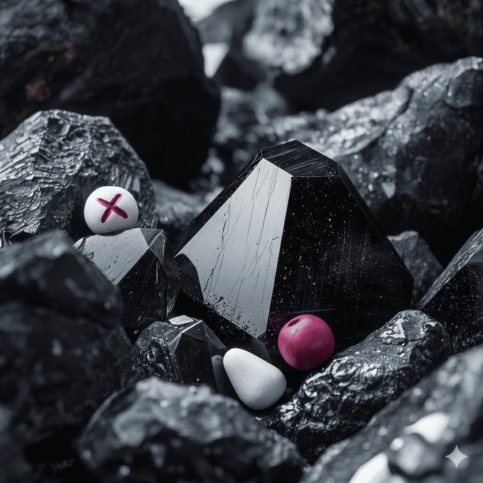 A bone bead marked with a red crossroads, on black stone beside a fuchsia bead.