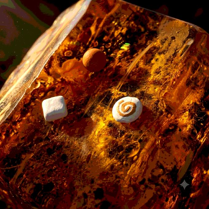 A bone bead painted with a terracotta spiral, lit warmly beside a bone cube.
