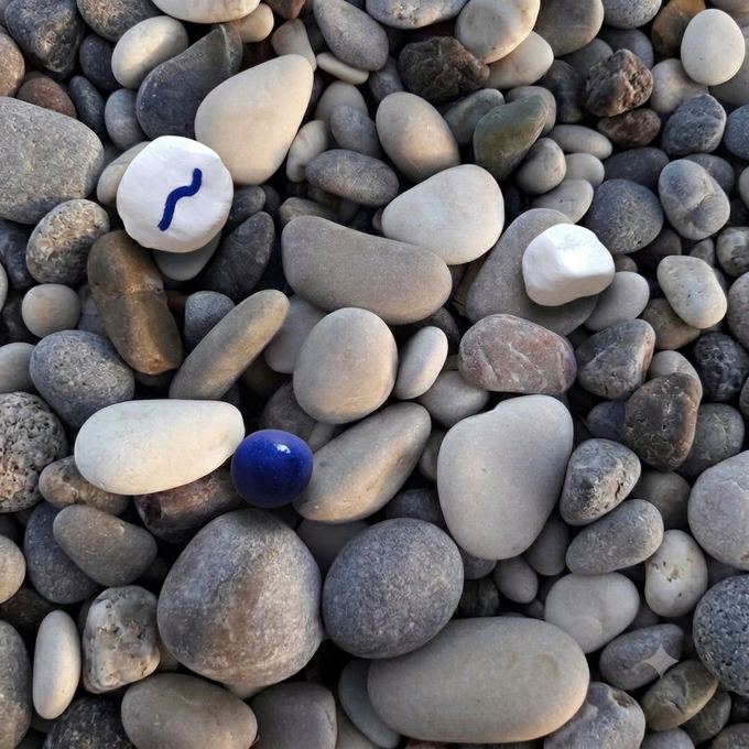 A bone bead painted with a blue wave, resting among grey pebbles beside an indigo bead.