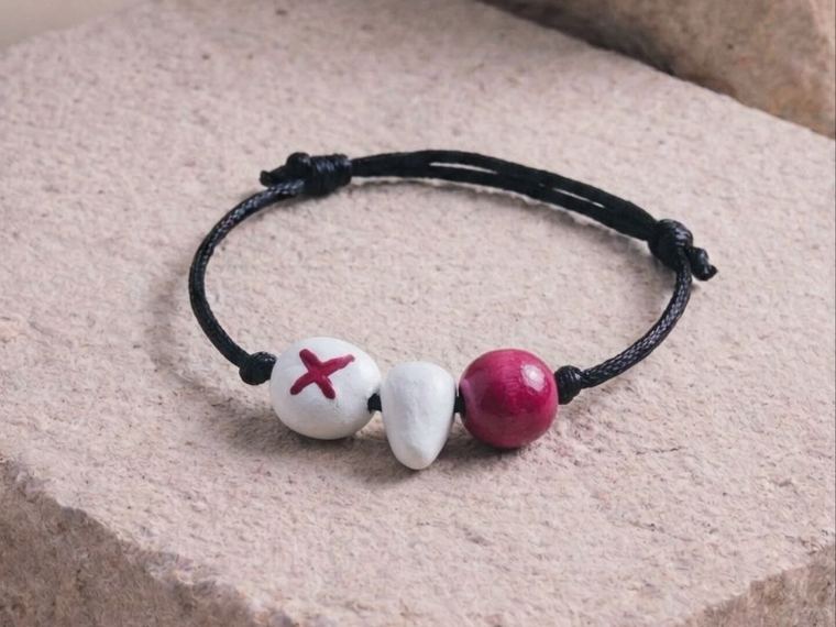 The bracelet for this brief: a bone bead painted with a crossroads mark, a bone drop bead and a fuchsia bead.