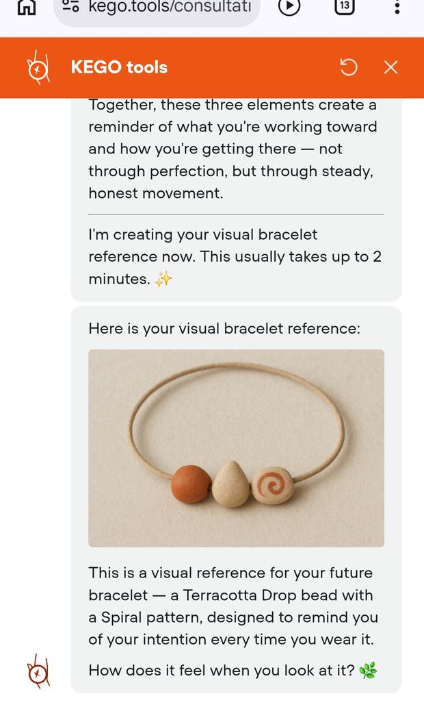 The KEGO consultation on a phone, showing the visual bracelet reference it produces at the end.