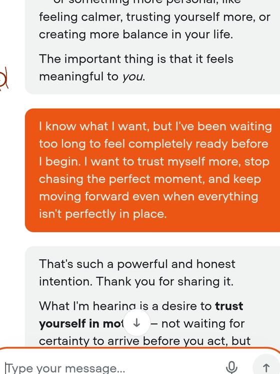 The consultation asking what feels most important right now, and a reply.