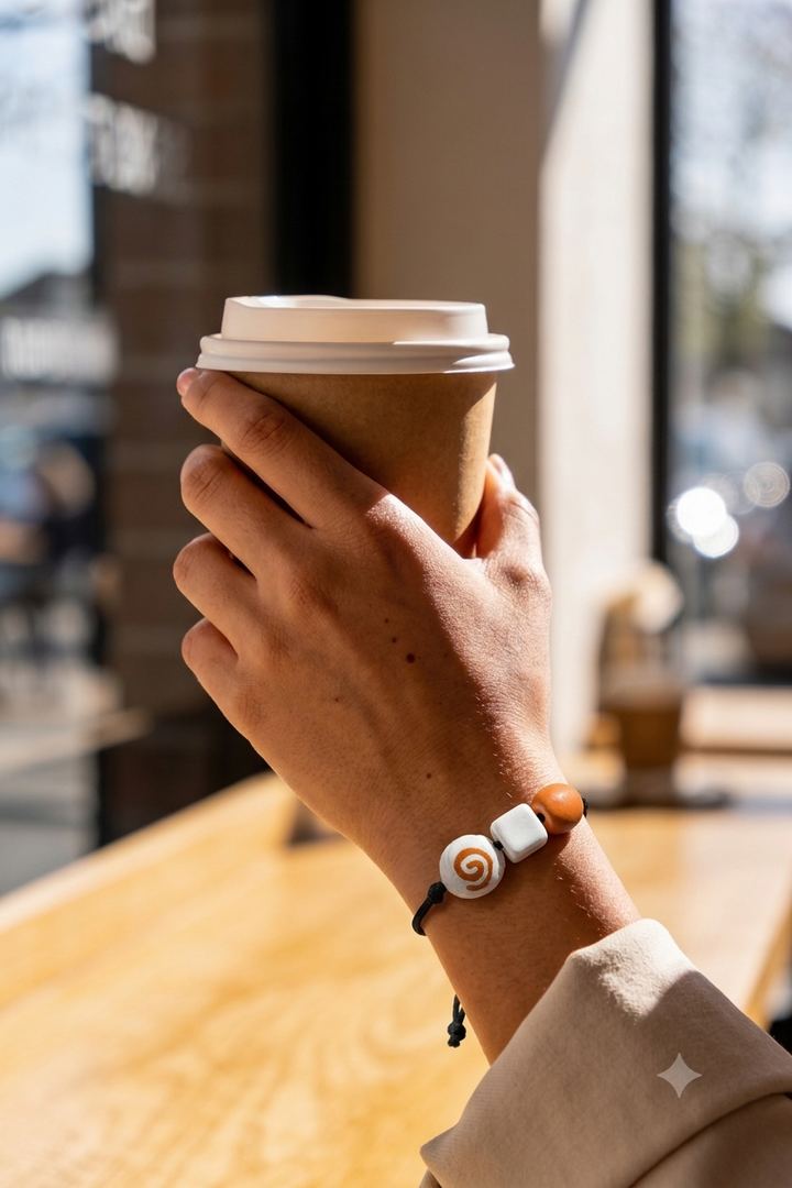 A KEGO bracelet worn on a wrist, holding a coffee cup.